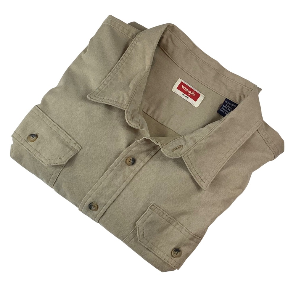 Wrangler Mens 2XL Tan Khaki Long Sleeve Button Down Work Shirt 112338612 Stretch
